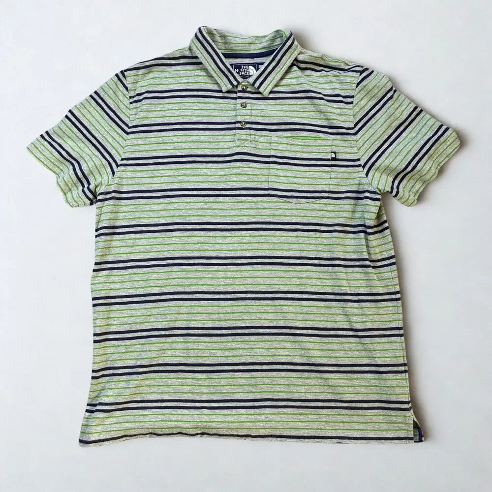 The North Face Polo Shirt Mens Large Gray Striped Short Sleeve Cotton Blend